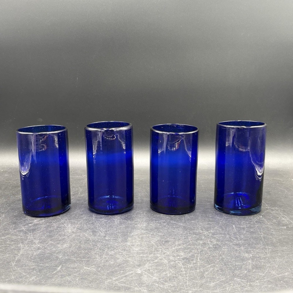4 Vtg Hand Blown Cobalt Blue Glass Drink Tumblers 6" & 6.25" Tall Vase No Seam